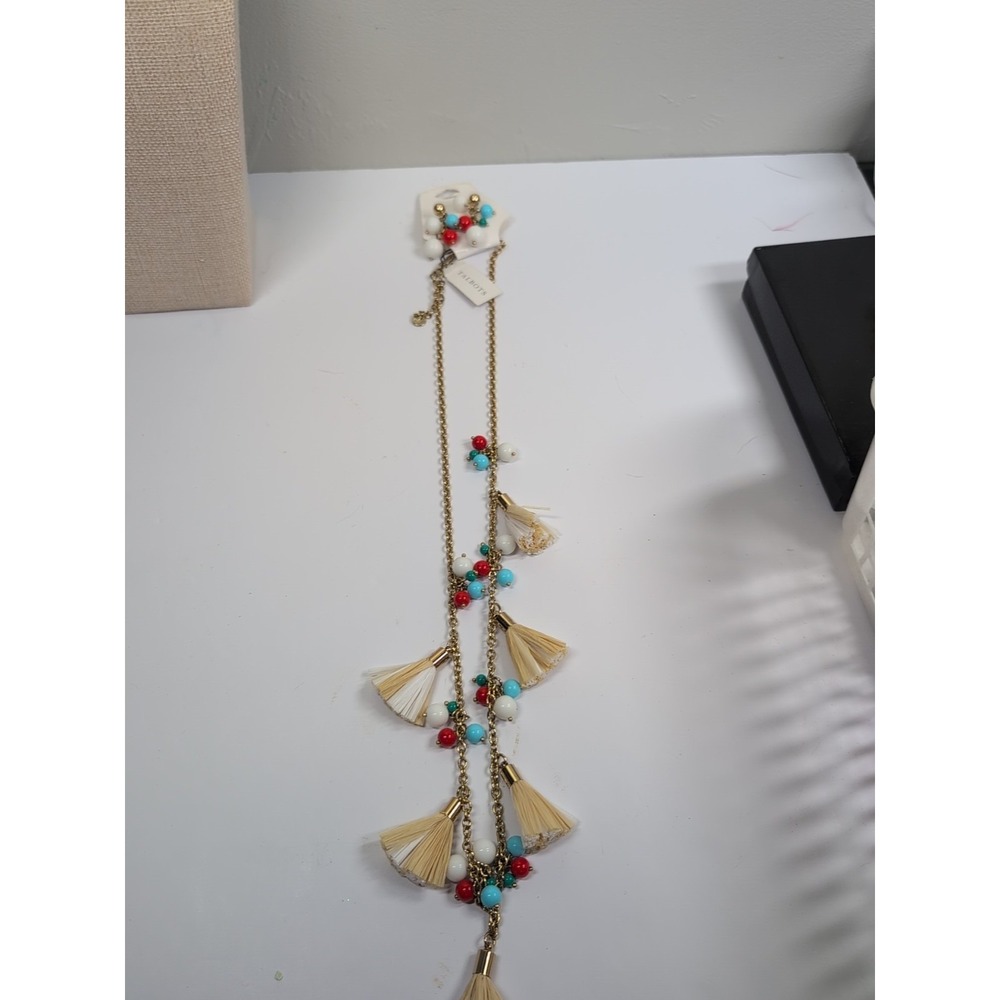 NWT Talbots Necklace & Earring Set Beaded Tassel Pendant Gold Tone Boho